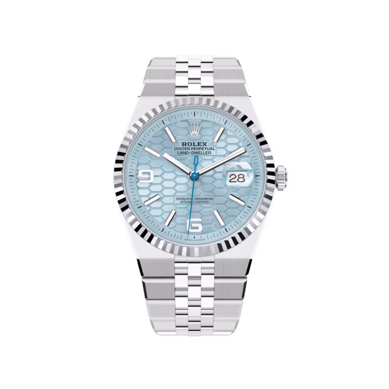 Rolex Land-Dweller 40 M127336-0001 Platinum 40mm Ice Blue Dial Radial Motif Roman Numerals Fluted Bezel President Bracelet