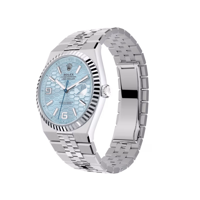 Rolex Land-Dweller 40 M127336-0001 Platinum 40mm Ice Blue Dial Radial Motif Roman Numerals Fluted Bezel President Bracelet - Image 4