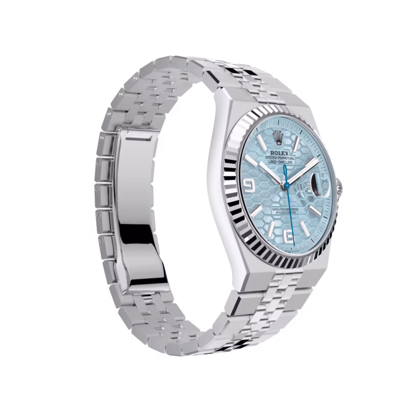 Rolex Land-Dweller 40 M127336-0001 Platinum 40mm Ice Blue Dial Radial Motif Roman Numerals Fluted Bezel President Bracelet - Image 6