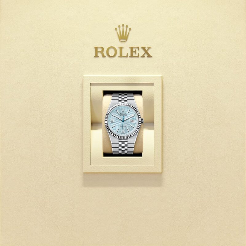Rolex Land-Dweller 40 M127336-0001 Platinum 40mm Ice Blue Dial Radial Motif Roman Numerals Fluted Bezel President Bracelet - Image 8